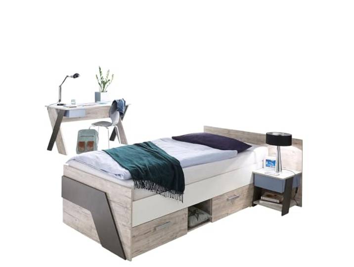 Lomadox Jugendzimmer Kinderzimmer Set, Sandeiche mit weiß, Lava blau, 90x200 cm Einzelbett, Schreibtisch, Nachttisch