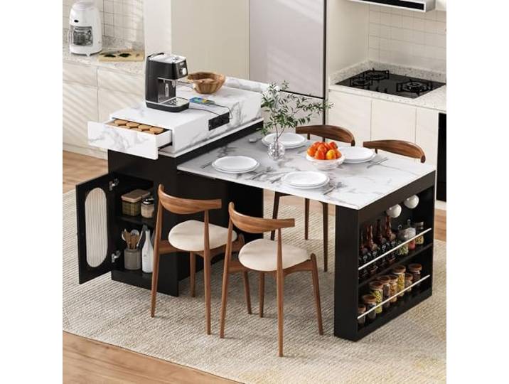 BTM Freistehend Kücheninsel mit Ausziehbarer Esstisch, Bartisch mit Steckdosenleisten, Sideboard Küche mit Rollen Schwarz
