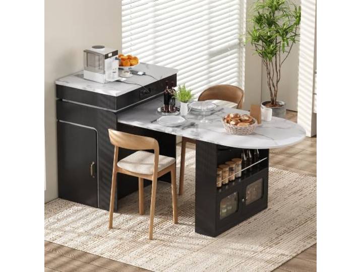 Kücheninsel mit Rollen, Ausziehbarer Esstisch mit Steckdosenleisten und LED-Beleuchtung, Anrichte mit Schubladen, dient als Kücheninsel, Sideboard oder Bartisch für Küche und Esszimmer (Schwarz)