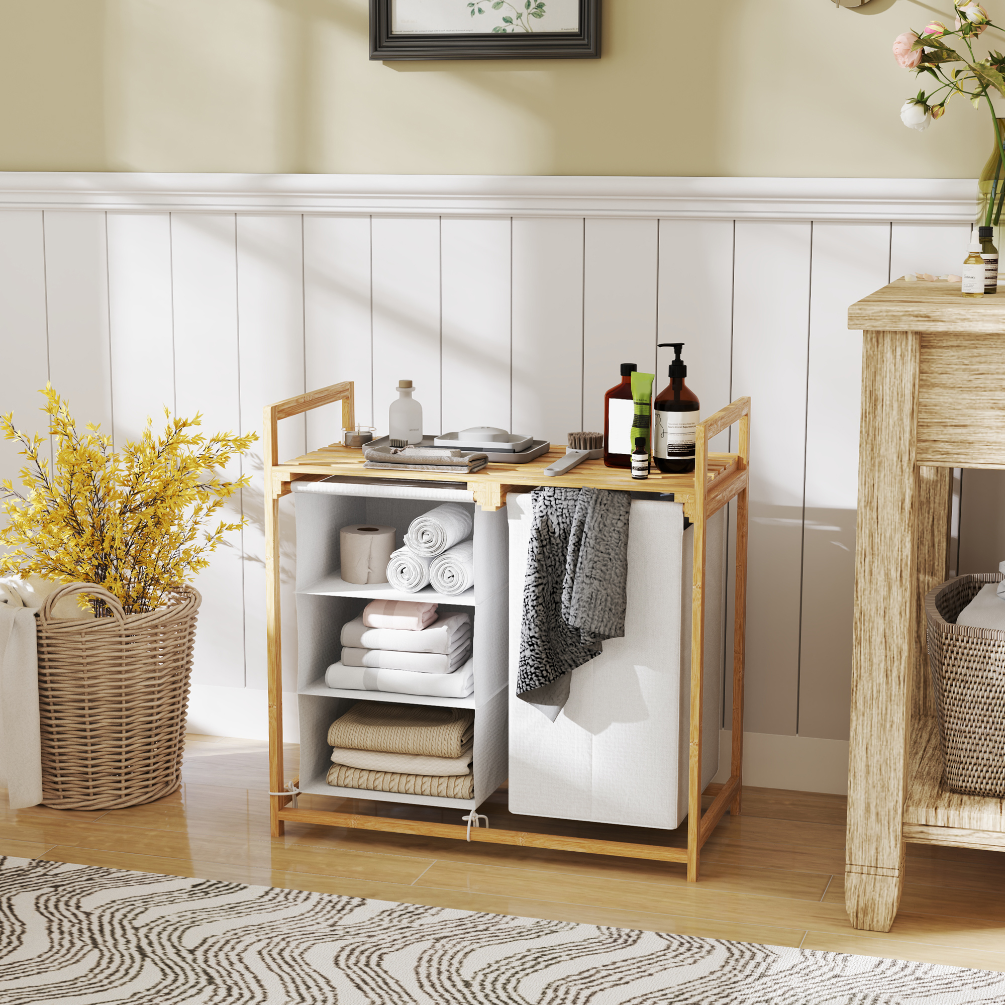 Homcom Cesto Portabiancheria con 2 Borse Estraibili, Maniglie e Ripiano in Bambù, 70x36x70 cm, Bianco