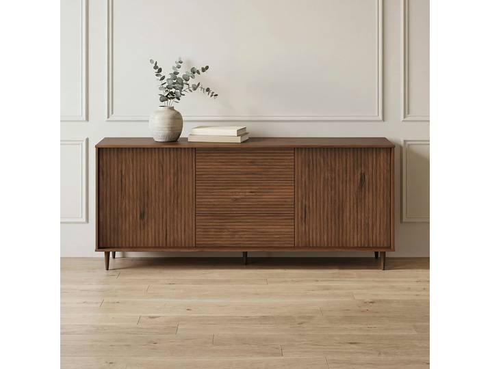 Sideboard GOODPRODUCT Malmedy Front mit gefrästen Rillen , braun, B:160cm H:80cm T:38cm, FSC-zertifiziertes Massivholz, MDF, Sideboards, Sideboard, Kommode aus massivem Kiefernholz, Push-to-open, Breite 160 cm