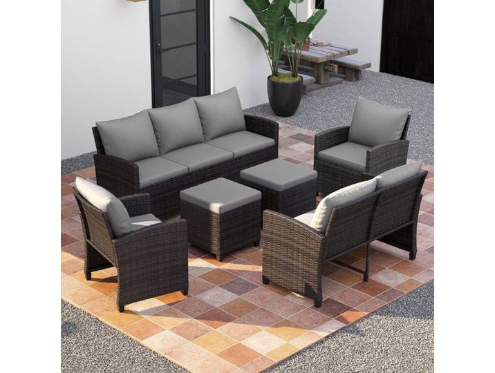 Ensemble Mobilier de Jardin 6 Pièces COSTWAY Canapé 3 Places Canapé 2 Places 2 Fauteuils 2 Poufs Coussins Amovibles Gris