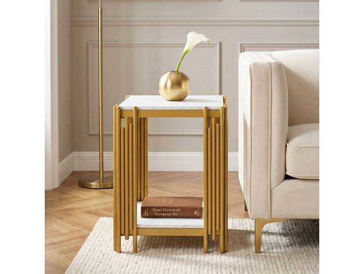 Table de chevet 2 étagères marbre blanc effet cadre métal doré pailleté 55x43x40cm chic et stable pour salon chambre entrée