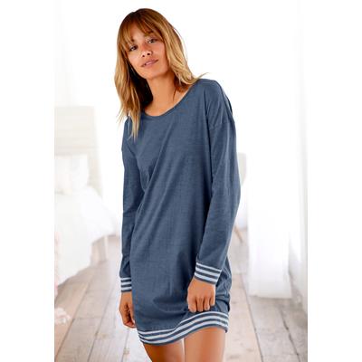 Nachthemd ARIZONA, Damen, Gr. 44/46, N-Gr, blau, Single Jersey, Obermaterial: 60% Baumwolle, 40% Polyester, meliert, Basic, bequem ca. Mitte Oberschenkel, Rundhals, Bündchen, Kleider Nachthemd, mit gestreiften Bündchen