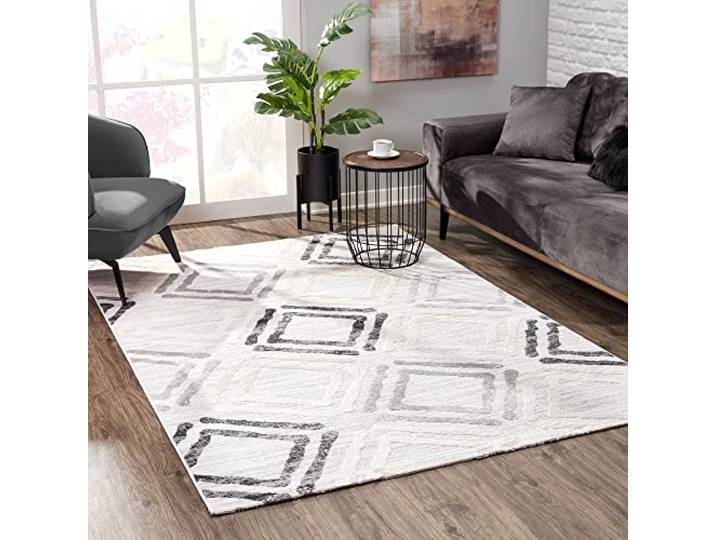 SANAT Evra Teppich für das Wohnzimmer - Kurzfloriger Teppich mit modernem Design - Geeignet für Wohnzimmer, Flur, Korridor, Esszimmer, Schlafzimmer, Küche und Kinderzimmer - Kubisch Hellgrau, 80x150cm