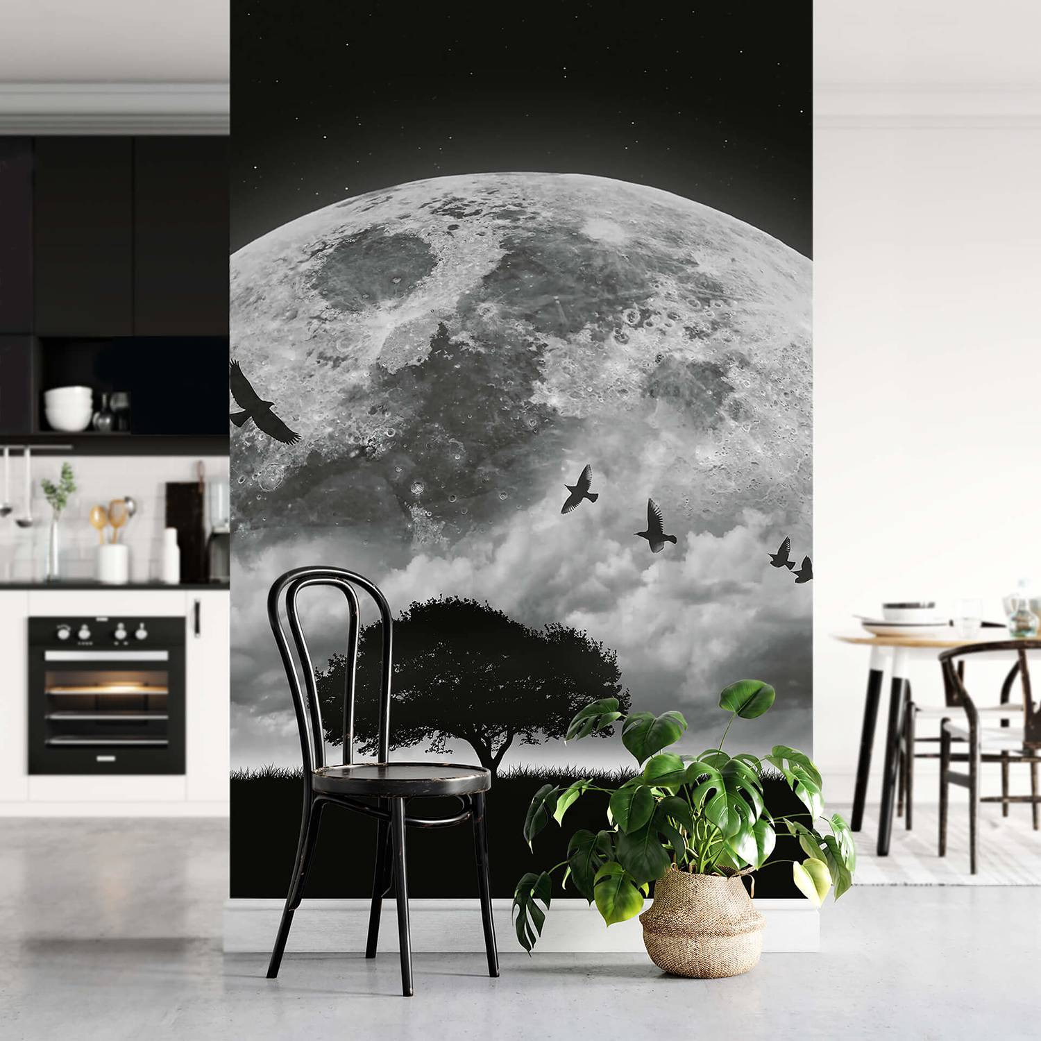 home24 Fotobehang Vogel Maand Abstract Modern Zwart Grijs