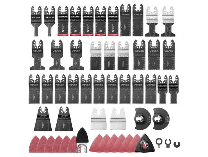 VEVOR\, ensemble d'accessoires pour outil multifonction de 160 pièces\, comprenant : 36 lames de scie oscillantes\, 2 supports abrasifs\, 2 grattoirs\, 120 papiers abrasifs. Accessoires pour outil multifonction\, adaptés au bois\, au plastique et au métal