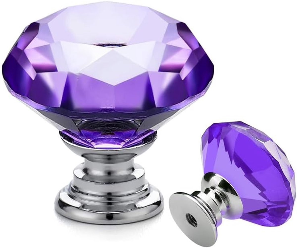 Set van 5 kristallen ladeknoppen in diamantvorm met zilveren basis en paars glas, diameter: 30 mm