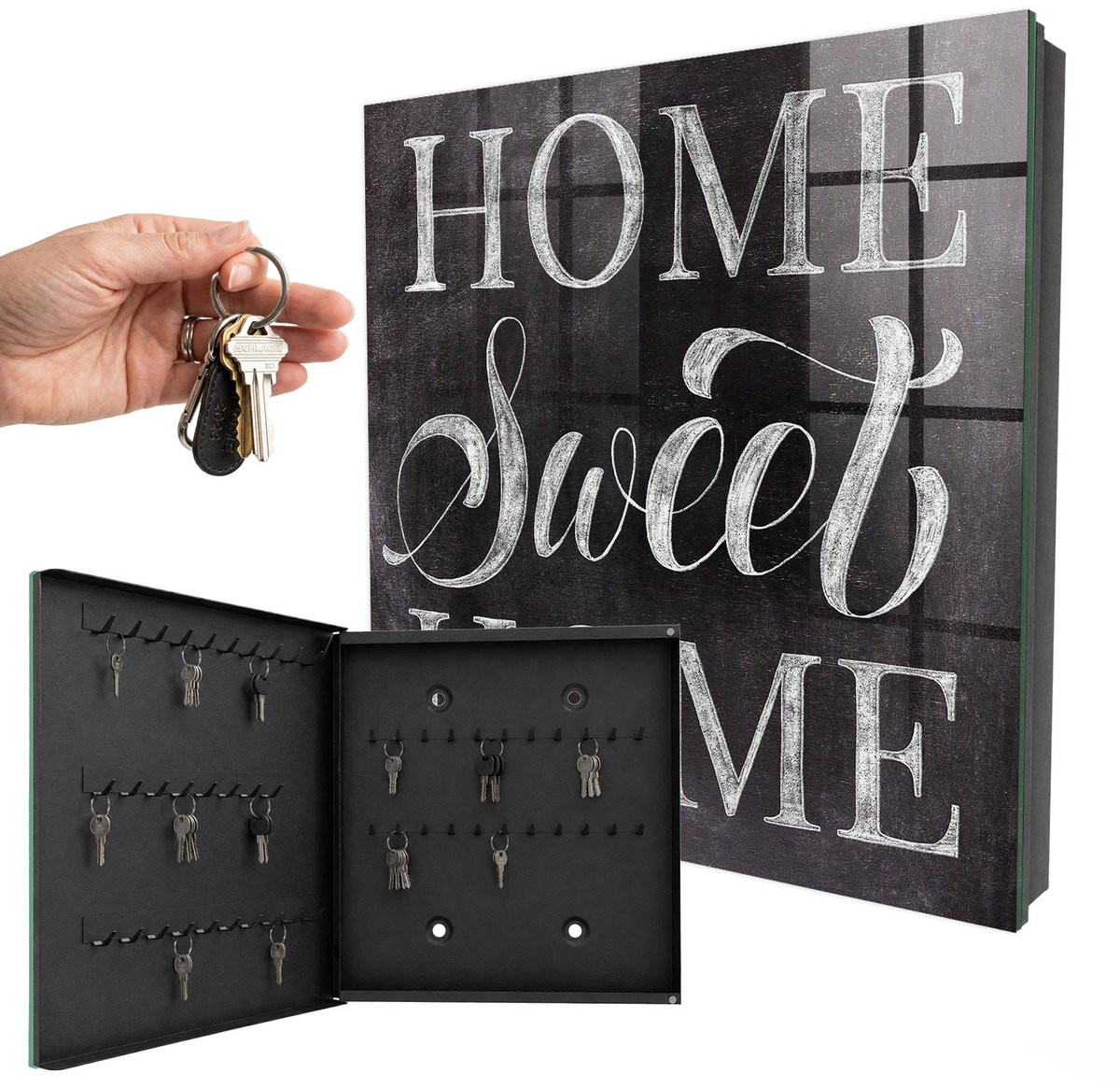 WallMuralia Sleutelkast Thuis Is Waar Het Hart Is met 50 haken, Zwart, B/D/H: 30 x 30 x 5 cm