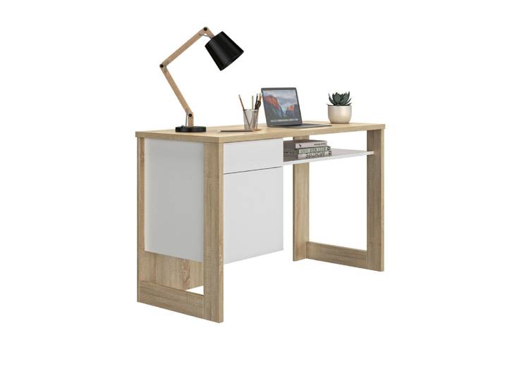 Bureau avec 1 porte effet bois clair et blanc
