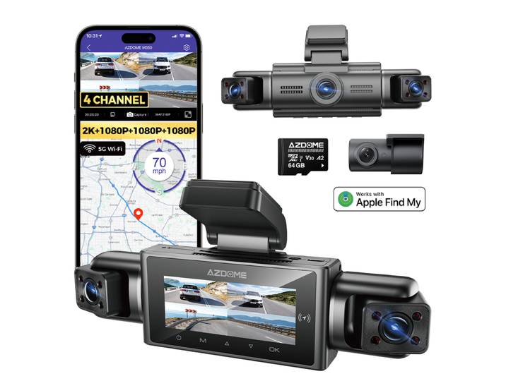 [Première mondiale Apple Localiser ma Dashcam] AZDOME M350 Dashcam 4 canaux vue complète 360° fonctionne avec Apple Localiser ma Dashcam avant 2,5K, 1080P caméra arrière gauche et droite pour voitures, vision nocturne IR GPS intégré avec commande vocale L