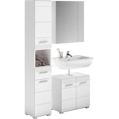 Badmöbel-Set HOME AFFAIRE "Malmö, 3 teilig, bestehend aus:", weiß (weiß, weiß hochglanz), Holzwerkstoff, MDF, Kastenmöbel-Sets, Badmöbel-Set, Hochschrank, Waschbeckenunterschrank, Spiegel