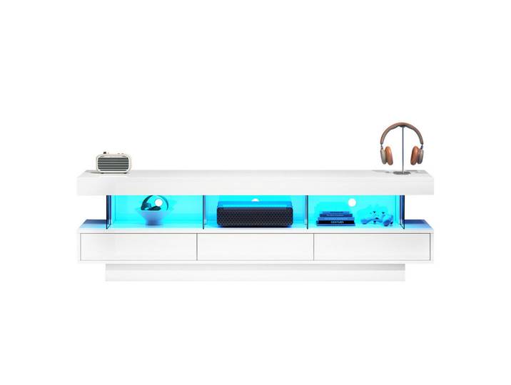 Flieks Tv-Schrank 160x38cm Hochglanz LED-Beleuchtung App-Steuerung Weiß Glasfächer, Holz, 40.5x29x63.5 cm, Wohnzimmer, TV Möbel, Lowboards, Lowboards stehend