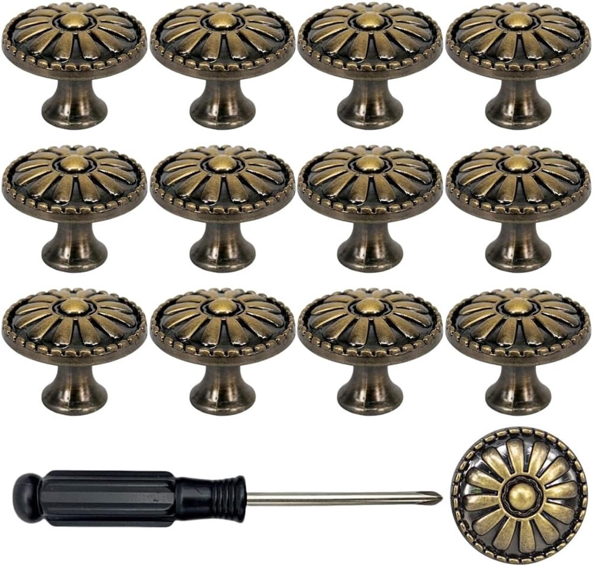 12 stuks Vintage Kastknoppen - Ronde Meubelknoppen 30mm - Antiek Messing