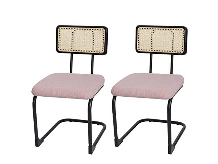 Mendler 2er-Set Freischwinger-Stuhl HWC-K88 Holz - Stoff/Textil rosa Stuhl, Lehnstuhl, Rattan, Metall, Bouclé