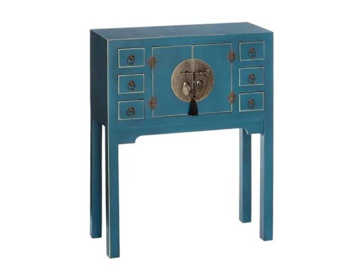 Console - Meubles&Design - Console compacte bleue 6 tiroirs avec porte centrale esprit cabinet d'orient CALINDI