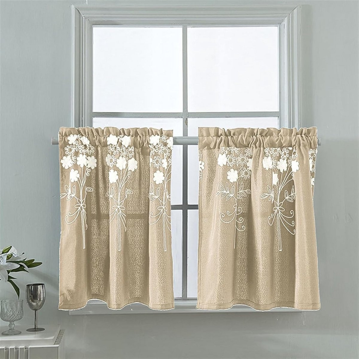 Set van 2 Boho Tier Gordijnen in Geel - Katoenpolyester - Half Hoge Gordijnen voor Keuken en Badkamer