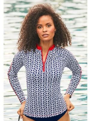 Plus Size Women's Chlorine Resistant Long Sleeve 1/4 Zip Swim Tee Rash Guard by Swimsuits For All in Coastal Cool (Size 22)