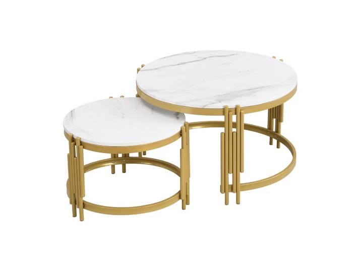 Tables basses gigognes rondes effet marbre blanc avec structure dorée