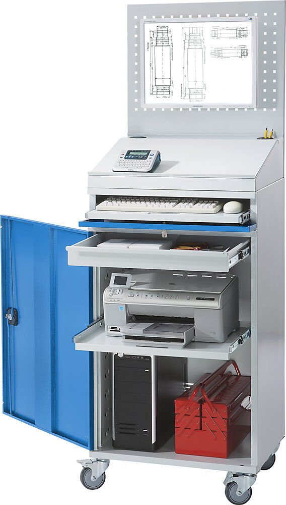 Computer-Arbeitsstation, Stahlblech, HxB 1770 x 650 mm, mit Lochwand und Pultaufsatz, Türfarbe Lichtgrau eurokraft pro