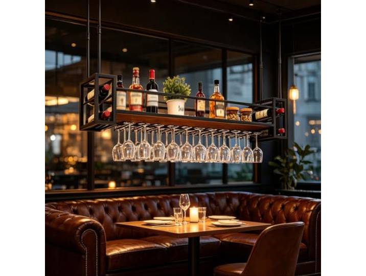 Alkmla 120CM Wand & Decke Weinregal Industriestil Hängeregal Multifuncional 3-in-1 Weinflaschenhalter aus Kohlenstoffstahl & Walnussholz, Höhenverstellbar für Küche, Home Bar, Esszimmer & Pub