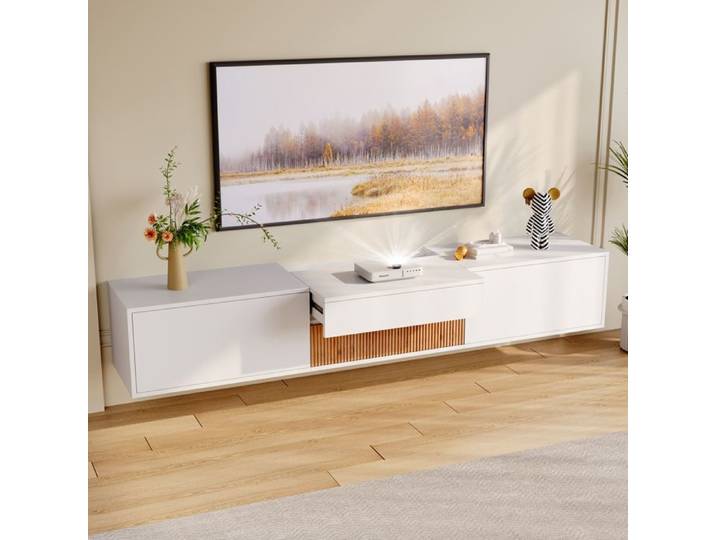 HOMVRA Meuble TV 180x34x30 cm avec support projecteur caché 3 portes en panneau de particules blanc