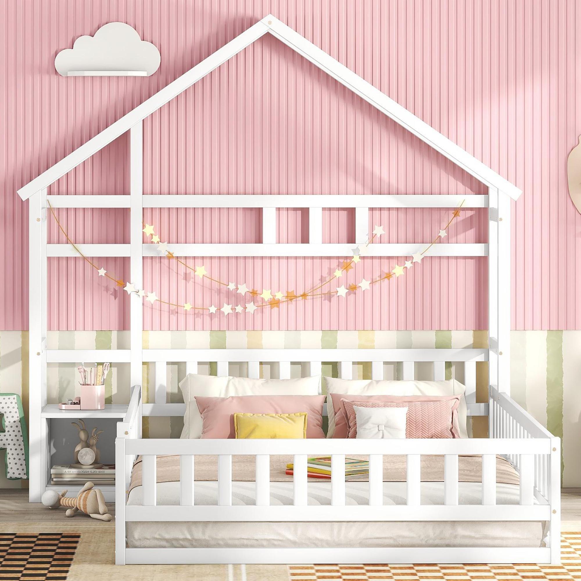 140 x 200cm Kinderbetten, Flachbetten, Hausbetten mit Geländer, Kinderbetten mit Nachttischen, Weiß