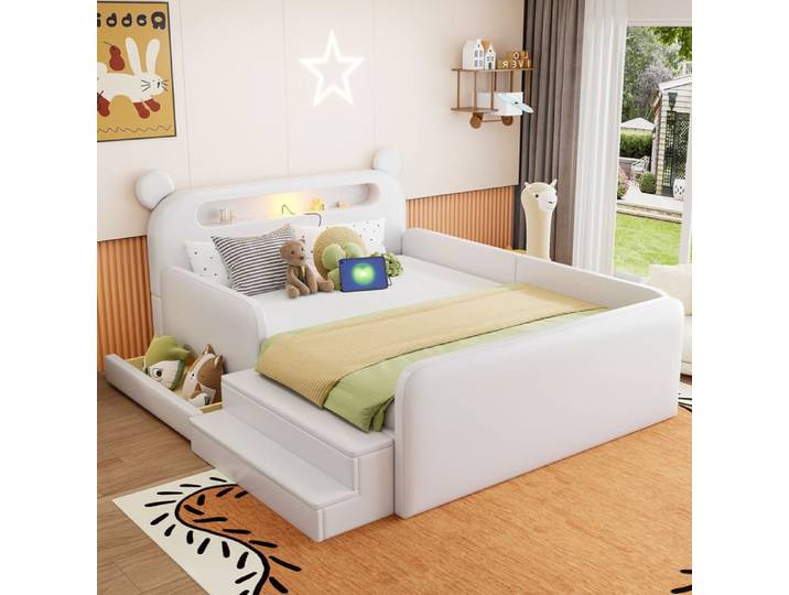 Lit rembourré pour enfants - 140x200 cm - Tête de lit en forme d'ours - Veilleuse intégrée - Port USB