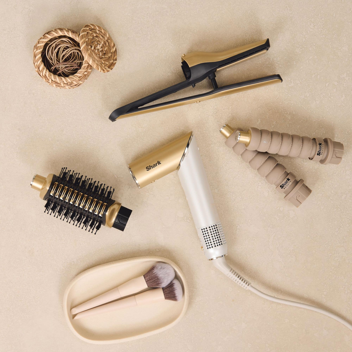SHARK Glam 5in1 Air Styler, Straightener & Dryer System Set With Diffuser Gold