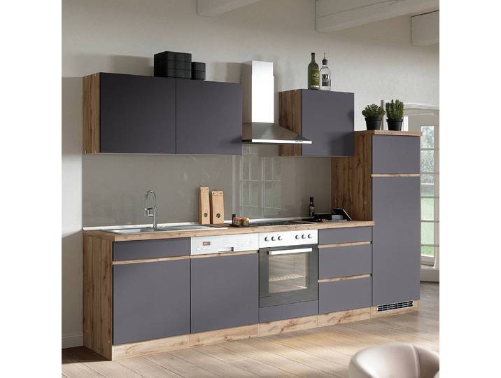 Küchenzeile Turin Kombi B 300cm Braun/Grau/Grau/Wotaneiche Dekor ohne Elektrogeräte