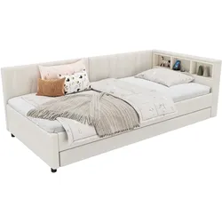 STILVORA Tagesbett 90x200 Multifunktionales Schlafsofa, ausziehbar, LED-Beleuchtung, USB+Type-C Anschlüsse, Ablagefach, Leinen MDF, Beige