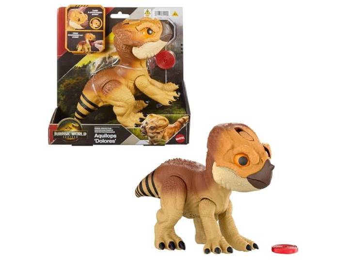 ​Mattel Jurassic World Rebirth Beschermdier Aquilops 'Dolores', interactief dinosaurusspeelgoed met aanvalsactie en geluiden, elektronisch figuur in dierenvriendjesstijl, met voedselaccessoire, JGC01