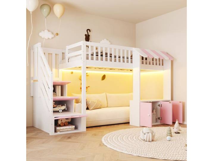 Lit mezzanine - ZEVKOR - Lit mezzanine enfant 90x200 cm - Escalier de rangement - LED intégrée - Placard