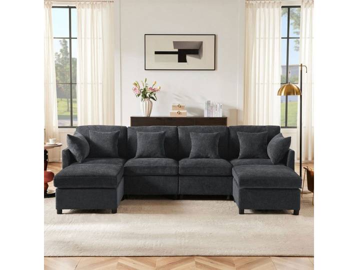 Canapé 4 -6 places modulable avec repose-pieds - Gris - Tissu chenille - Repose-pieds amovible - Design ergonomique