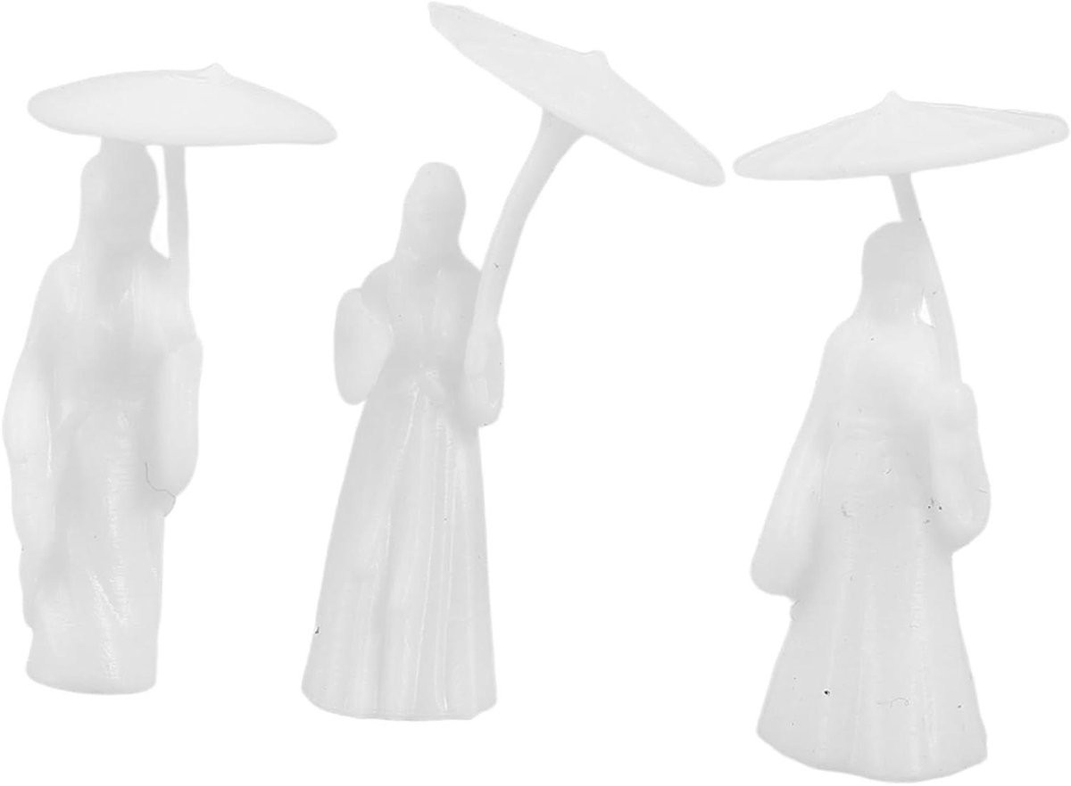 Set van 3 Miniatuur Meisje Beeldjes in Chinese Stijl - Wit Hars Ornament voor Landschapsdecoratie