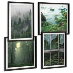 BILDER SET 4er Set - 50x50 cm & 40x60 cm Schwarzer Rahmen - Waldnebel, Fluss, Gewächshauspflanzen