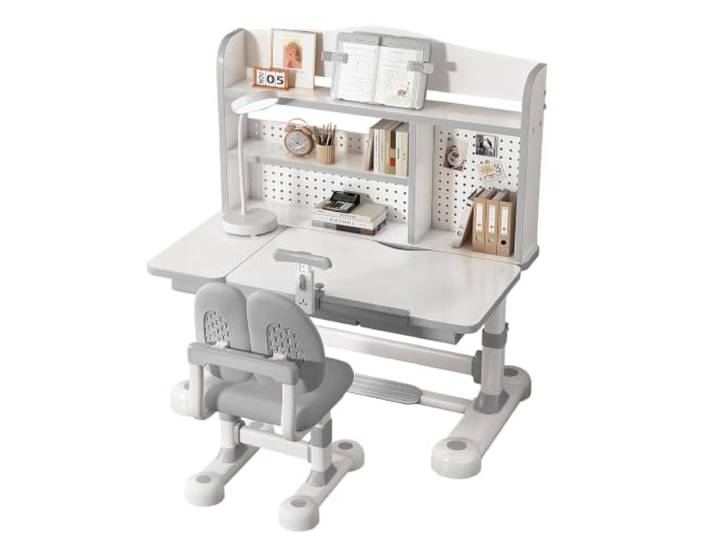Kinderschreibtisch höhenverstellbar mit Stuhl für Kinder Ergonomisches Kinderschreibtisch-Set, neigbare Platte 0-50°, mit Schublade & Buchständer für optimales Lernen Grau