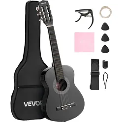 VEVOR Konzertgitarre, 780 mm, Holz-Klassikgitarren-Starter-Set für Anfänger, mit Nylonsaiten, Gigbag, Gurt, Stimmgerät, zusätzlichen Saiten, Plektren, Kapodaster, Linde, für Einsteiger, Schwarz