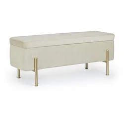 Bank Irina aus Samt, modern mit Stauraum, Farbe Natur, Gestell in Gold, gepolstert für 1–2 Personen