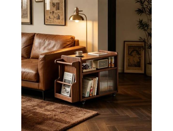 Multifunktionaler mobiler Couchtisch mit Zeitschriftenhalter und Stauraum Beistelltisch aus massivem Gummiholz, schmaler moderner Couchtisch im Mid-Century Stil(Walnut)