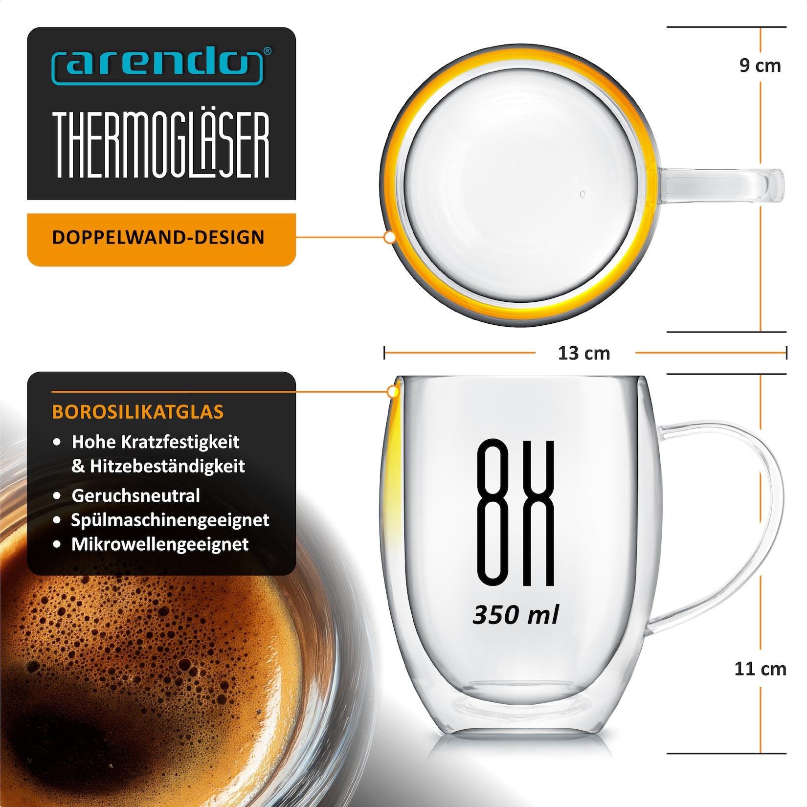 Arendo Thermogläser 8er-Set, je 350 ml, doppelwandiges Borosilikatglas, mit Henkel, für Kaffee und Tee, spülmaschinen- und mikrowellengeeignet