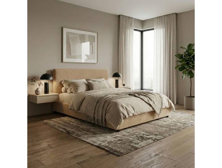 Lit Coffre Versailles 200x200 Cm – Tissu Bouclette Camel – Tête De Lit Incluse – Grand Coffre