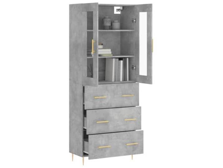 KTHLBRH Anrichte grau Beton 69,5 x 34 x 180 cm Holz mehrschichtig Metallfüße, großer Stauraum, Glas und Metall, Montage erforderlich