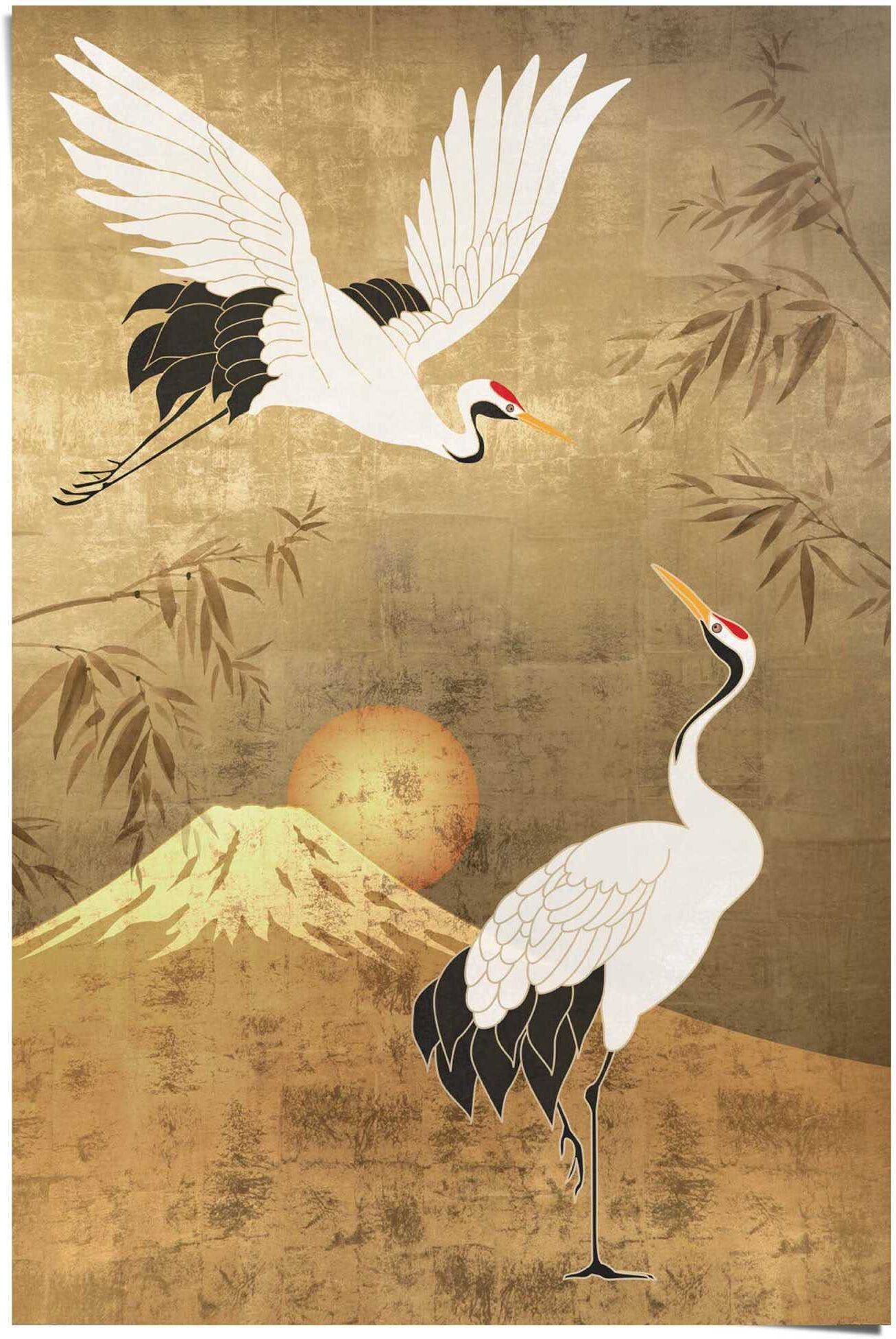 Reinders! Poster REINDERS "Kraniche", gold (farbe bild(er): goldfarben), B:61cm H:91,5cm T:0,1cm, Papier, Bilder, Poster