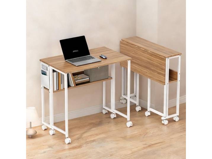 Bureau Pliant 80 cm en MDF et Acier Convertible en Table d'Appoint Rangement Ouvert