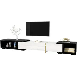 OKWISH TV-Schrank variabel 140x40x30 cm mit Hochglanz, schwarzer Marmoroptik, Stauraum, Drehfunktion und Kabelführung Weiß+Schwarz+Gold