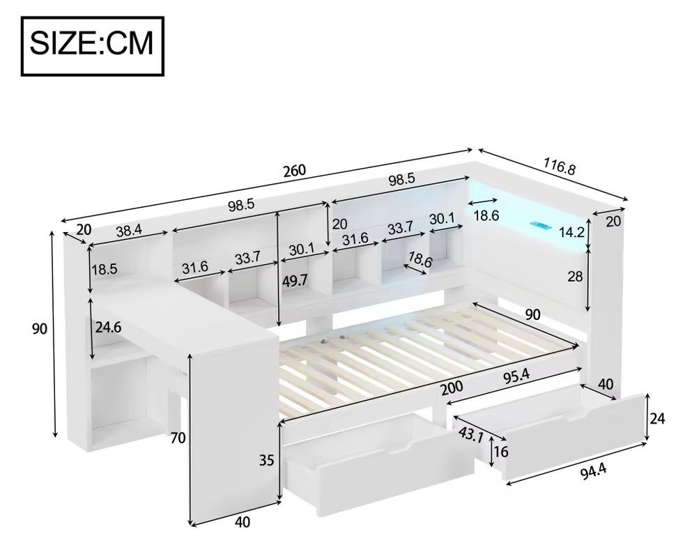 L-förmiges Holzbett - Einzel-Kapitänbett 90 x 200 cm - Schreibtisch mit Bücherregal - Bettkästen - Gepolstertes Kopfteil - LED-Beleuchtung - Weiß
