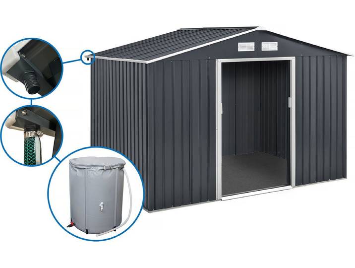 Abri de jardin métal - Vegas - 7.06 m² avec gouttière et récupérateur d'eau - Gris