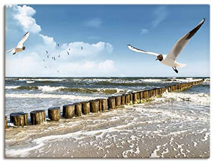ARTLAND Wanddeko Leinwand Bilder Wandbild 80x60 cm Strand Meer Maritim Landschaft See Ostsee Möwe Himmel Sommer T5QR