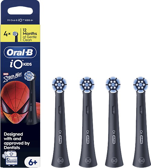 Recambio para cepillo dental - Oral-B iO Kids 6+, Diseño Spiderman by Marvel, Suave con dientes flojos y encías, 4 unidades